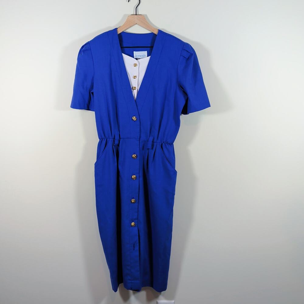 Vintage Periwinkle Royal Blue Dress Size 14 Gold Knot Buttons Made in USA 80s